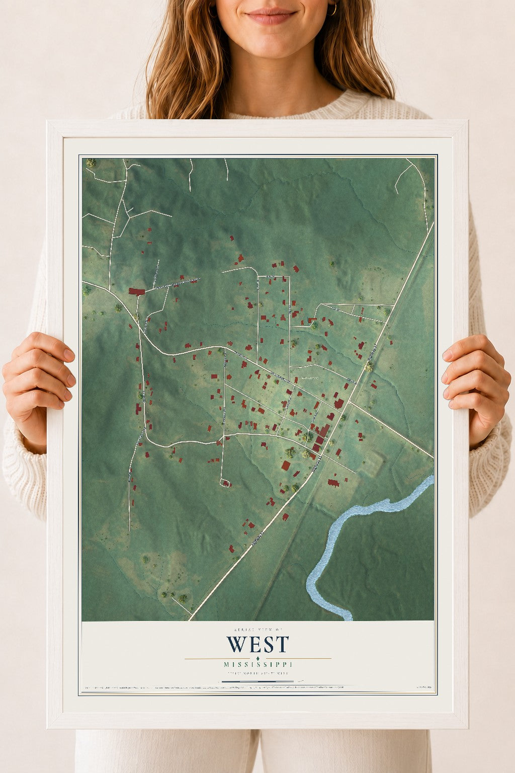 Map of West, Mississippi, 18 x 24 inch print in a white wood frame