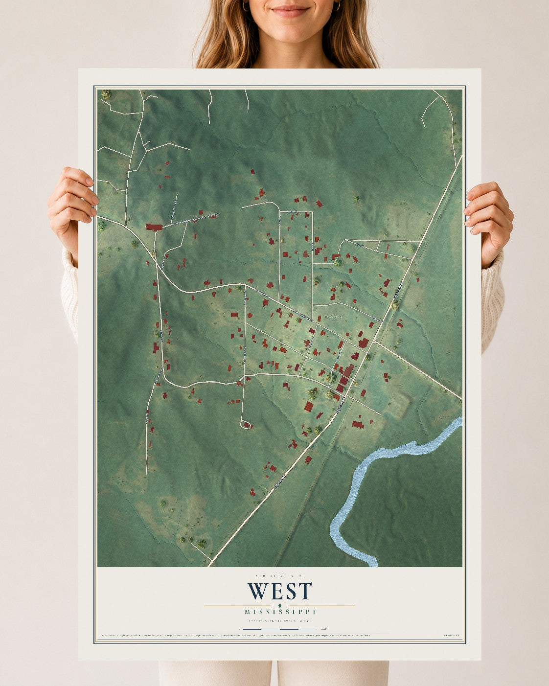 Map of West, Mississippi, 24 x 36 inch unframed archival matte print