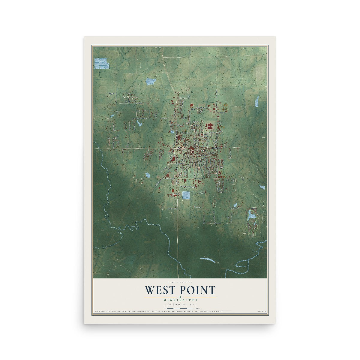 Map of West Point, Mississippi, 12 x 18 inch unframed archival matte print