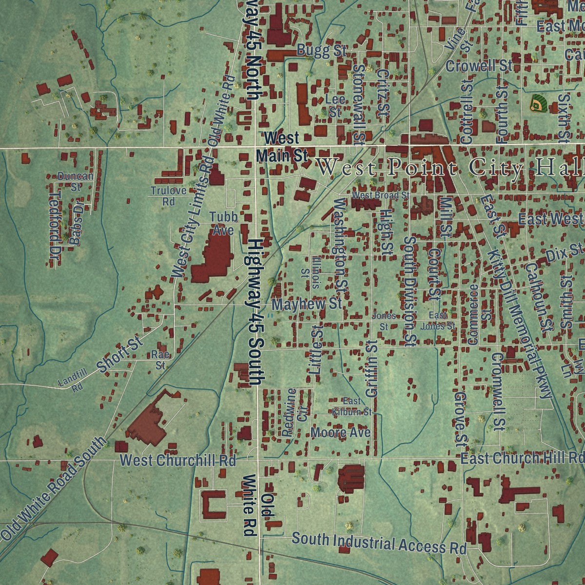 Close-up of the map of West Point, Mississippi print showing street and building detail
