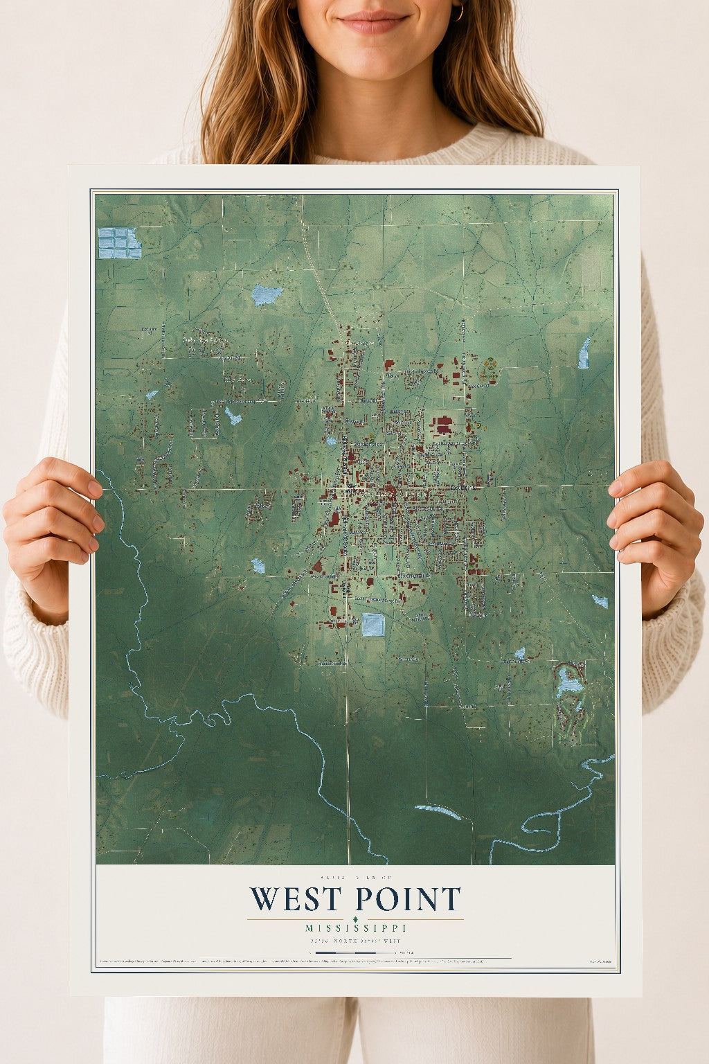 Map of West Point, Mississippi, 18 x 24 inch unframed archival matte print