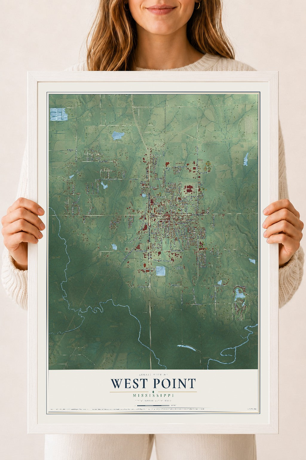 Map of West Point, Mississippi, 18 x 24 inch print in a white wood frame