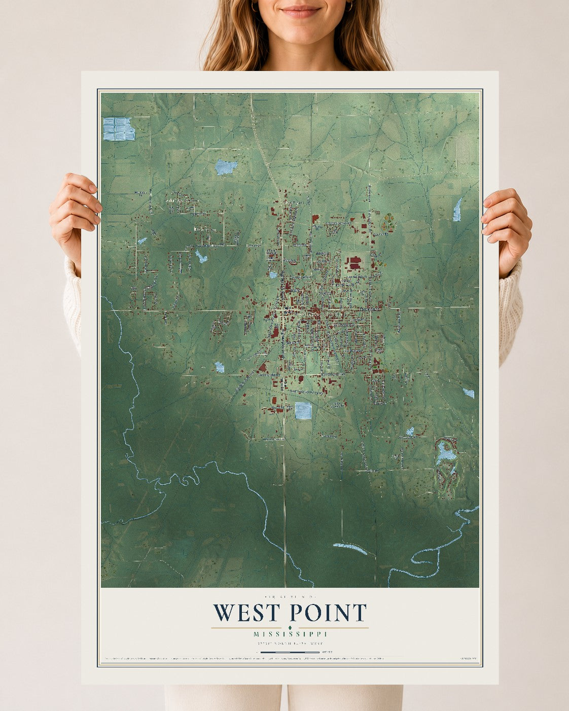 Map of West Point, Mississippi, 24 x 36 inch unframed archival matte print