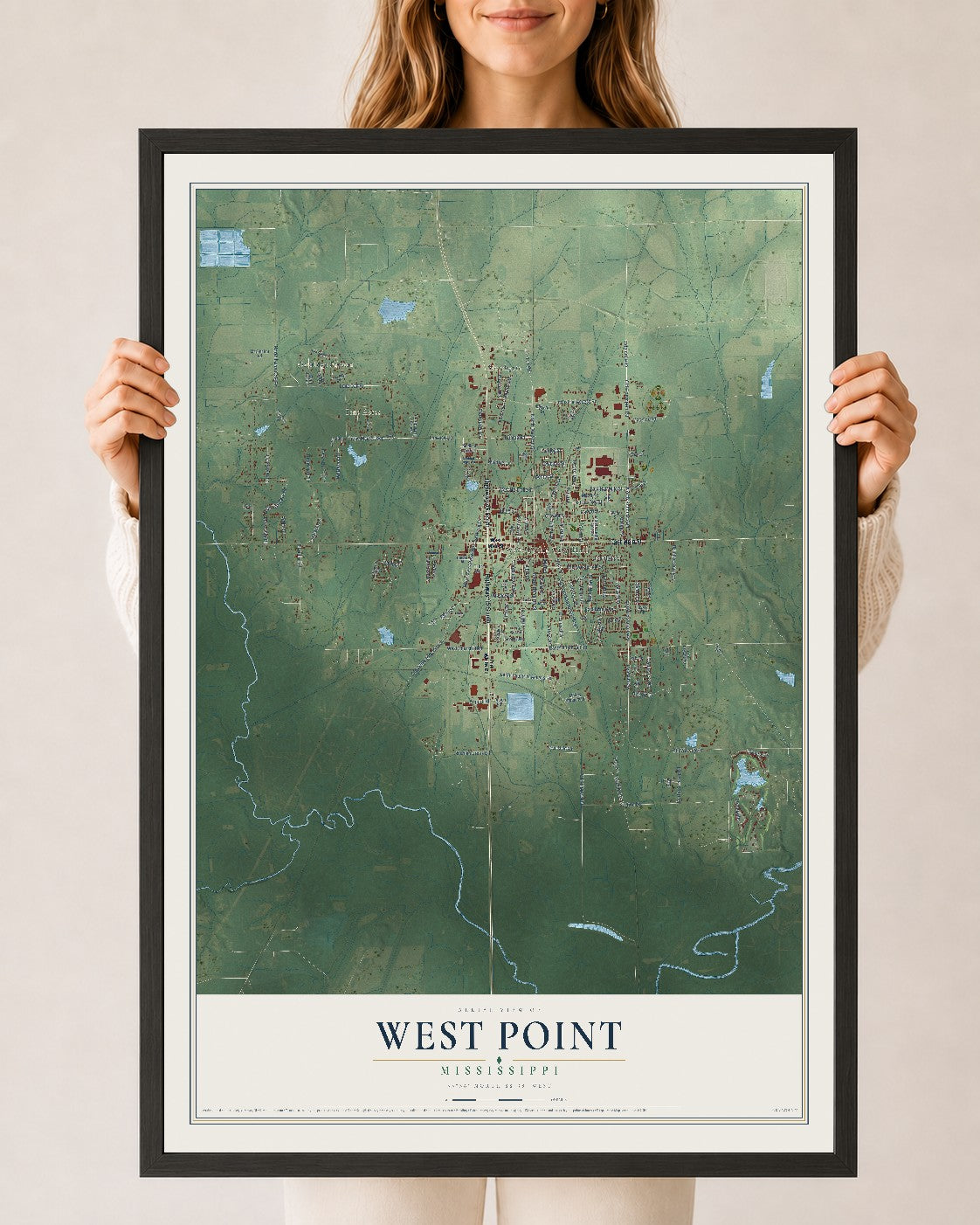 Map of West Point, Mississippi, 24 x 36 inch print in a black wood frame