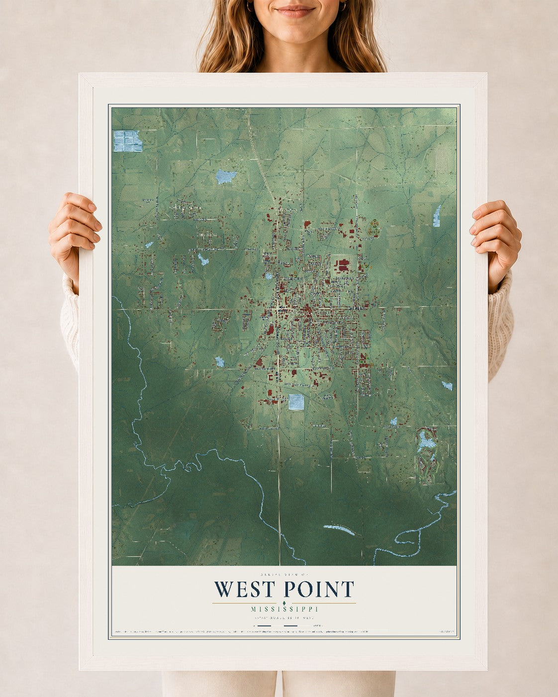 Map of West Point, Mississippi, 24 x 36 inch print in a white wood frame