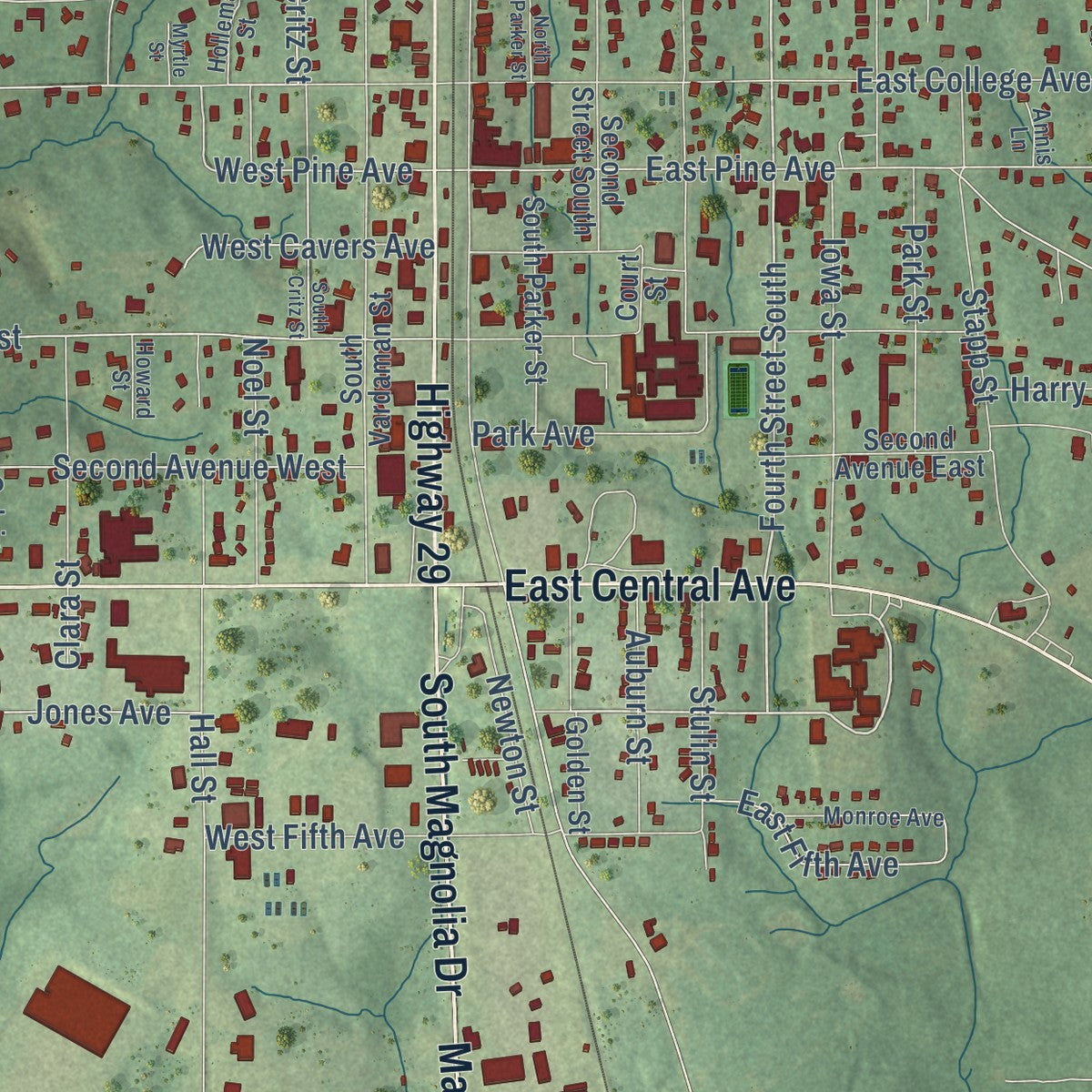 Close-up of the map of Wiggins, Mississippi print showing street and building detail