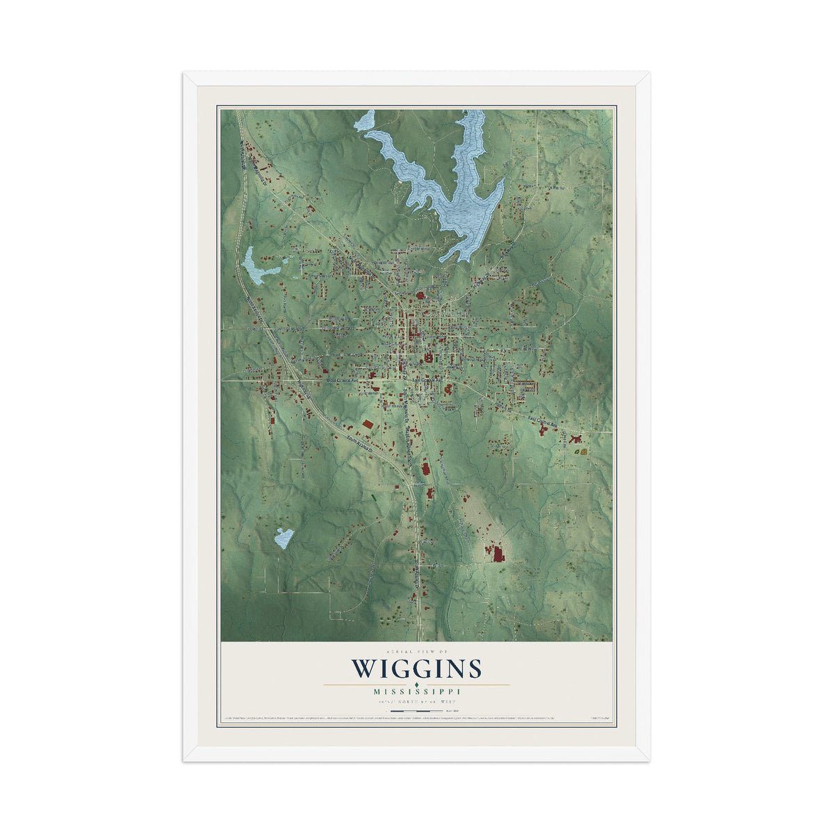 Map of Wiggins, Mississippi, 12 x 18 inch print in a white wood frame