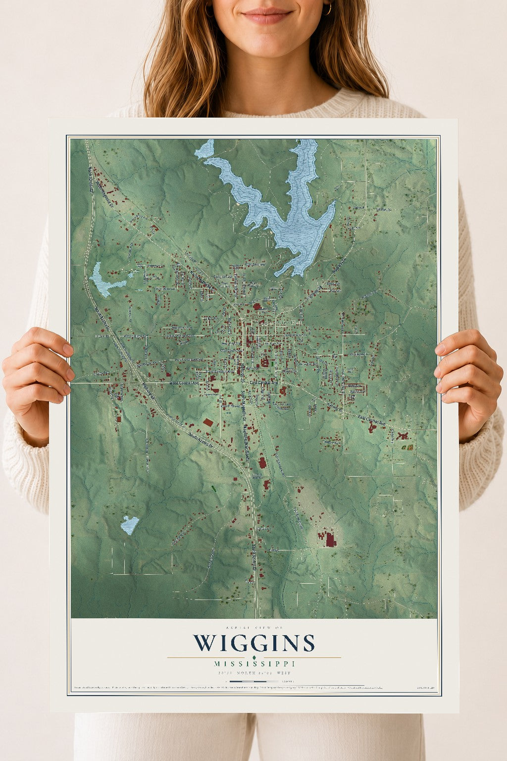 Map of Wiggins, Mississippi, 18 x 24 inch unframed archival matte print