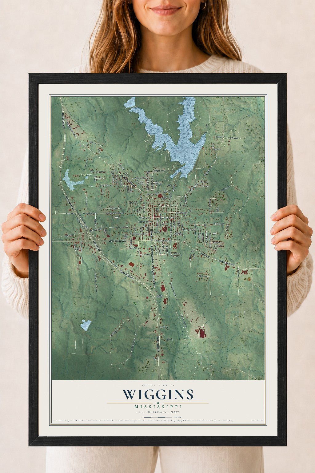 Map of Wiggins, Mississippi, 18 x 24 inch print in a black wood frame