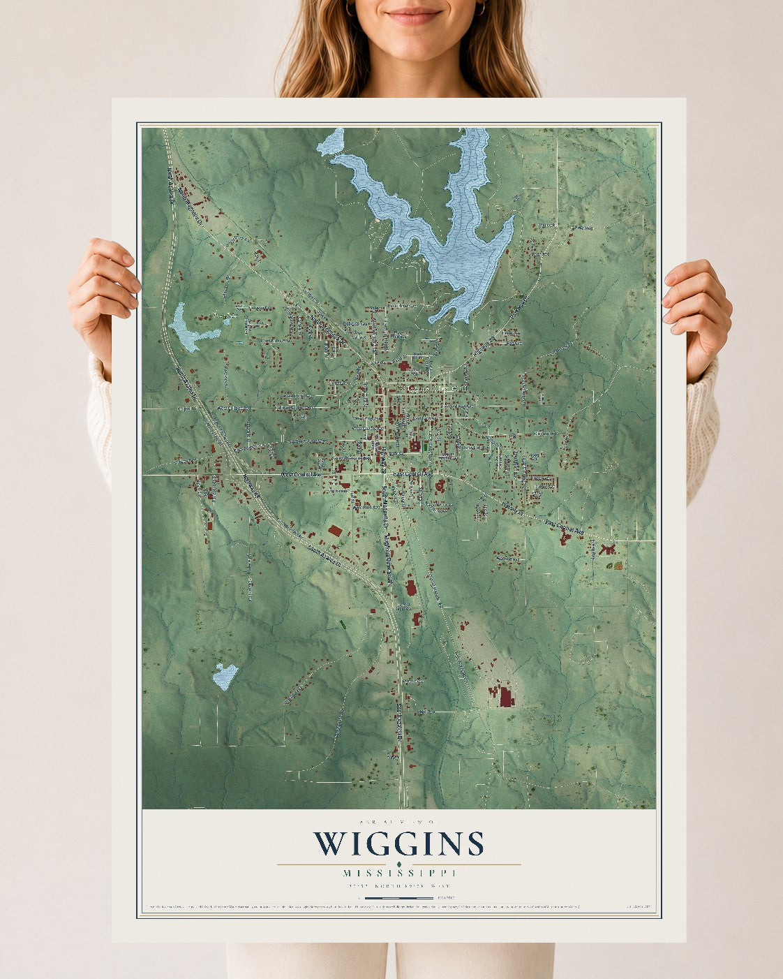 Map of Wiggins, Mississippi, 24 x 36 inch unframed archival matte print