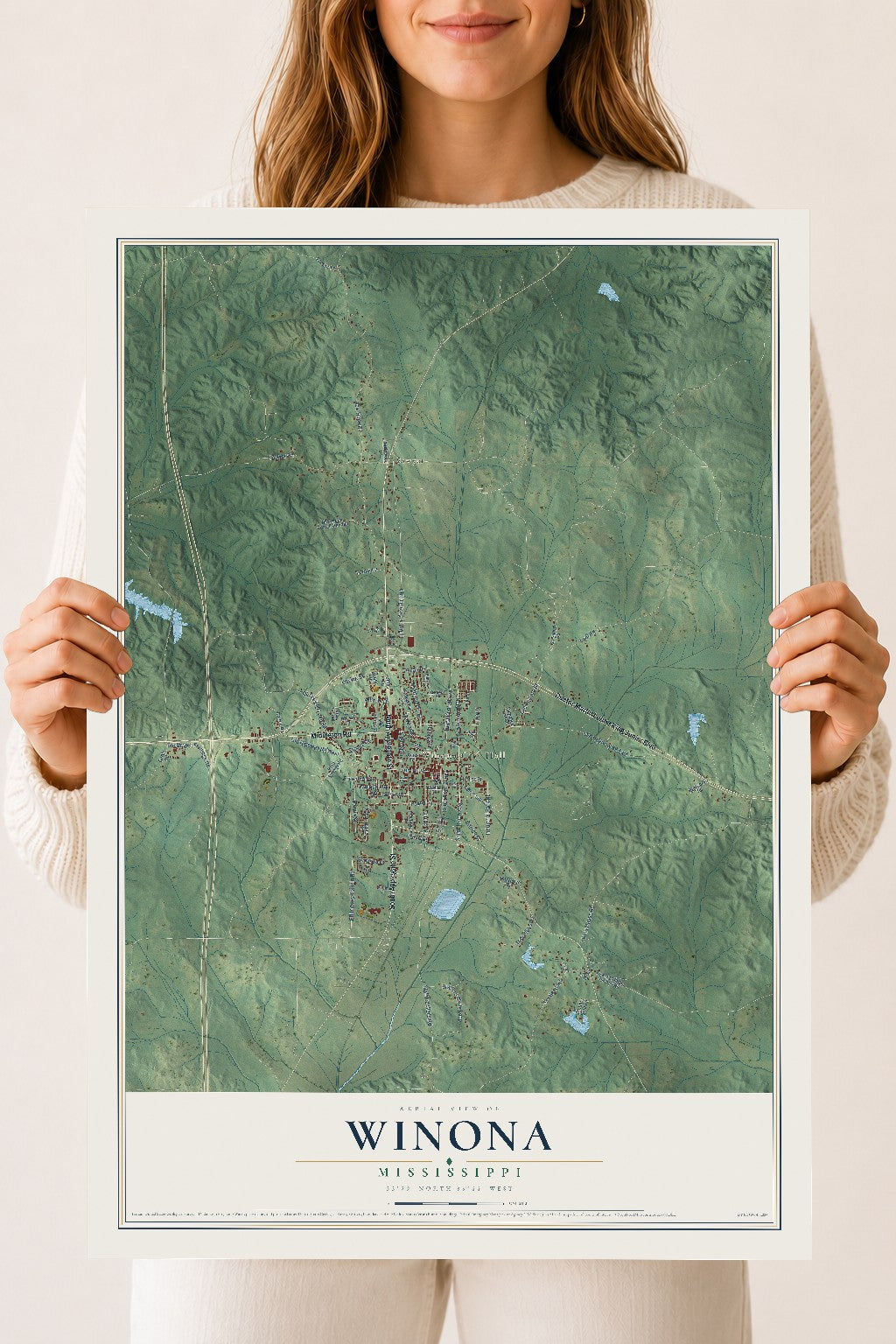 Map of Winona, Mississippi, 18 x 24 inch unframed archival matte print