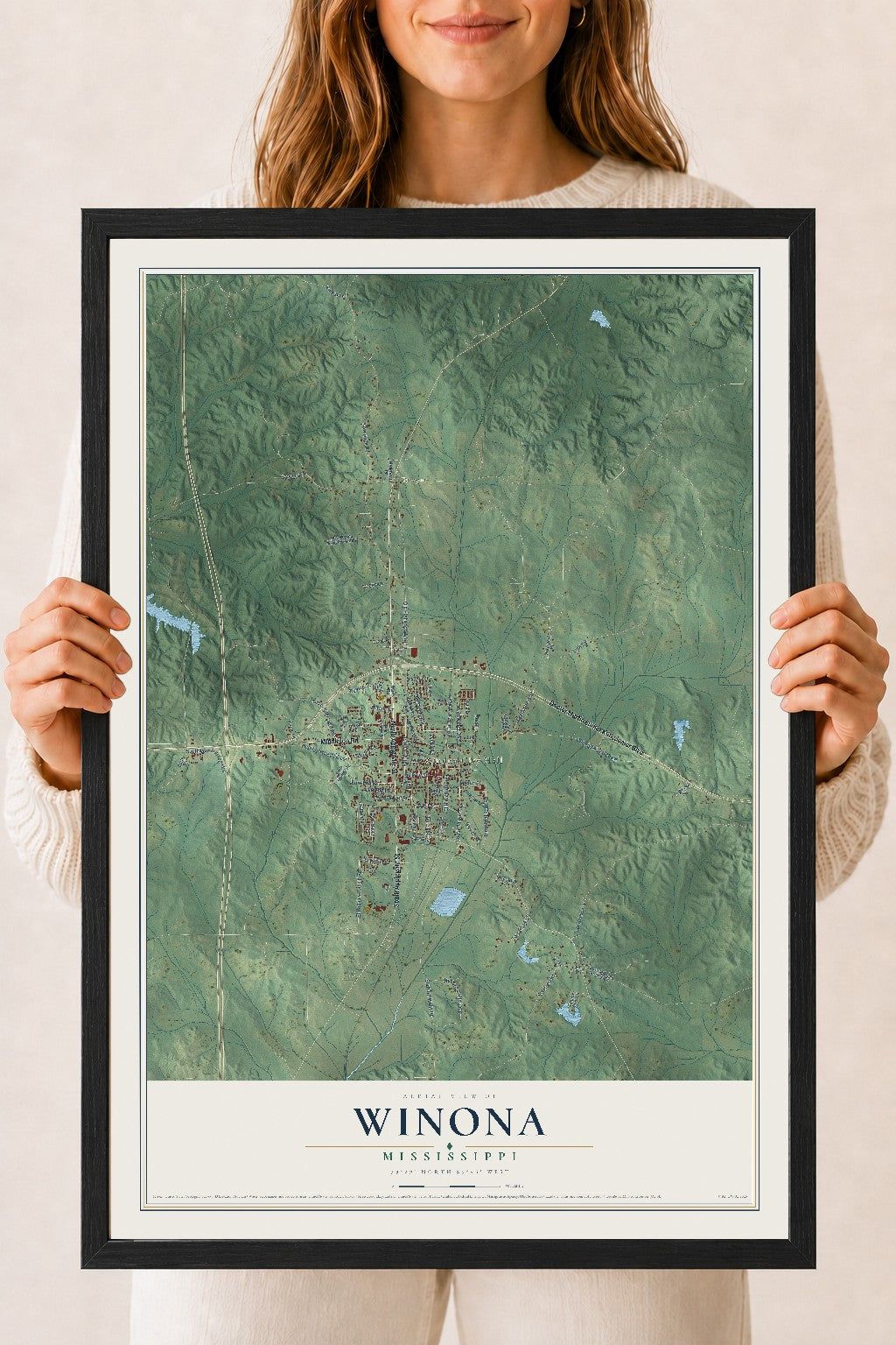 Map of Winona, Mississippi, 18 x 24 inch print in a black wood frame