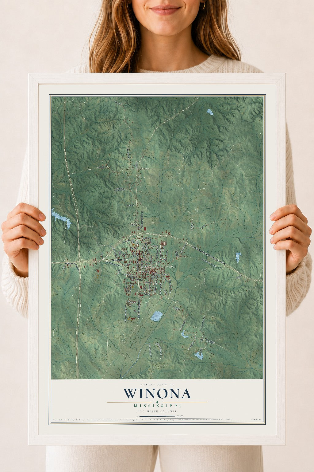 Map of Winona, Mississippi, 18 x 24 inch print in a white wood frame