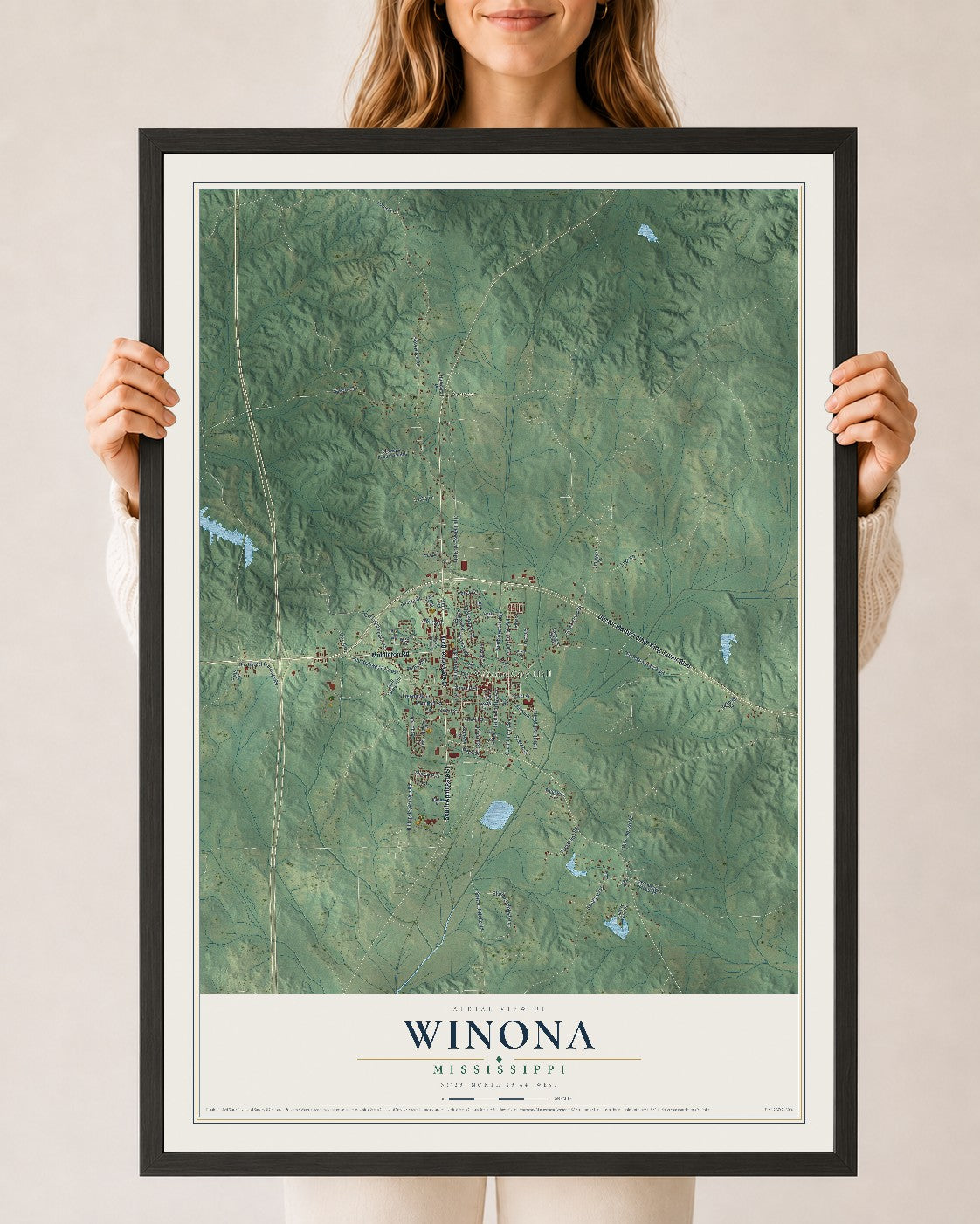 Map of Winona, Mississippi, 24 x 36 inch print in a black wood frame