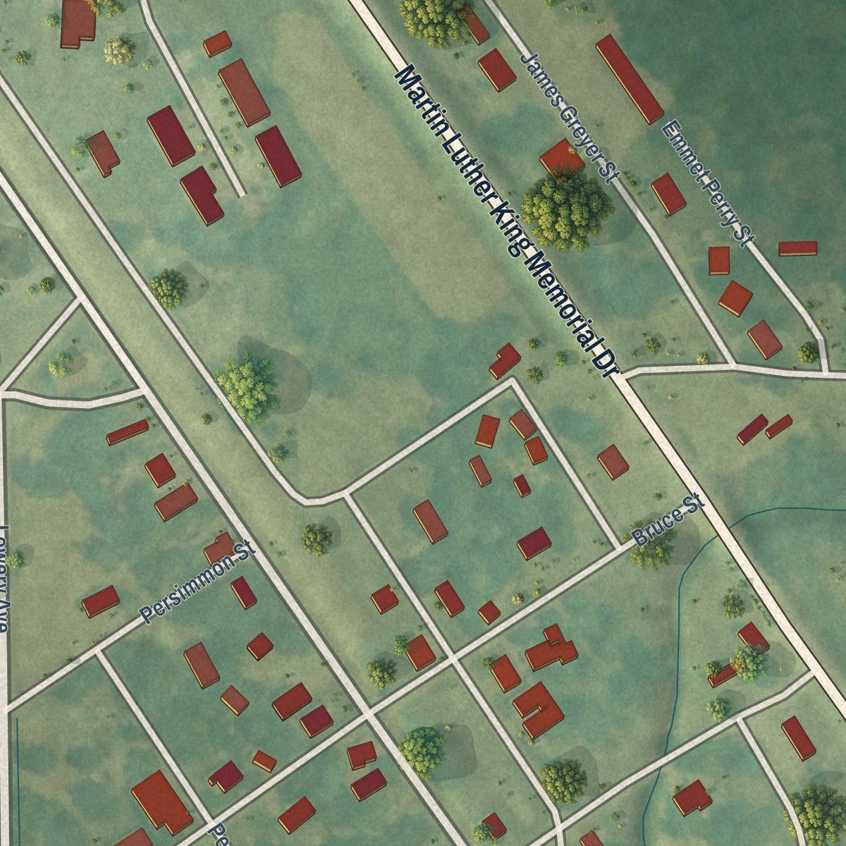 Close-up of the map of Winstonville, Mississippi print showing street and building detail