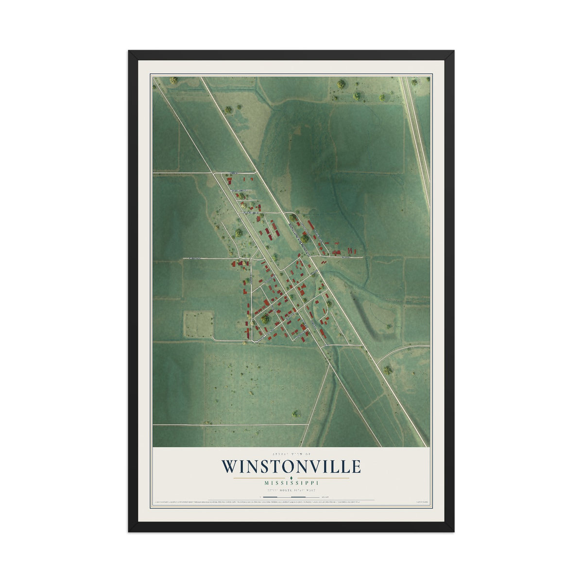 Map of Winstonville, Mississippi, 12 x 18 inch print in a black wood frame