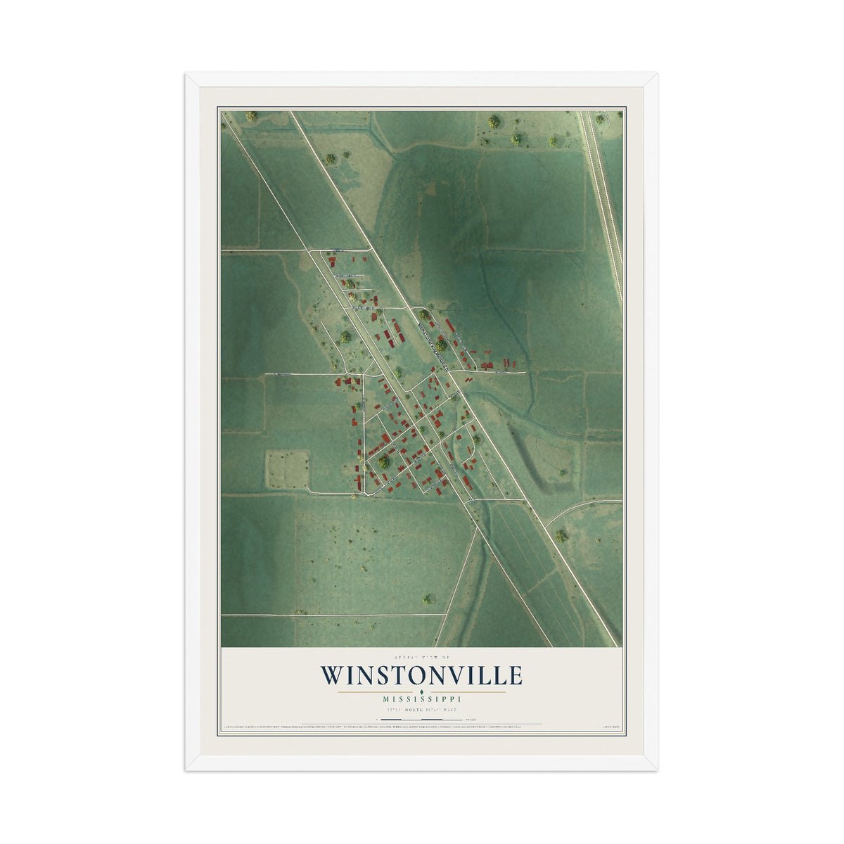 Map of Winstonville, Mississippi, 12 x 18 inch print in a white wood frame