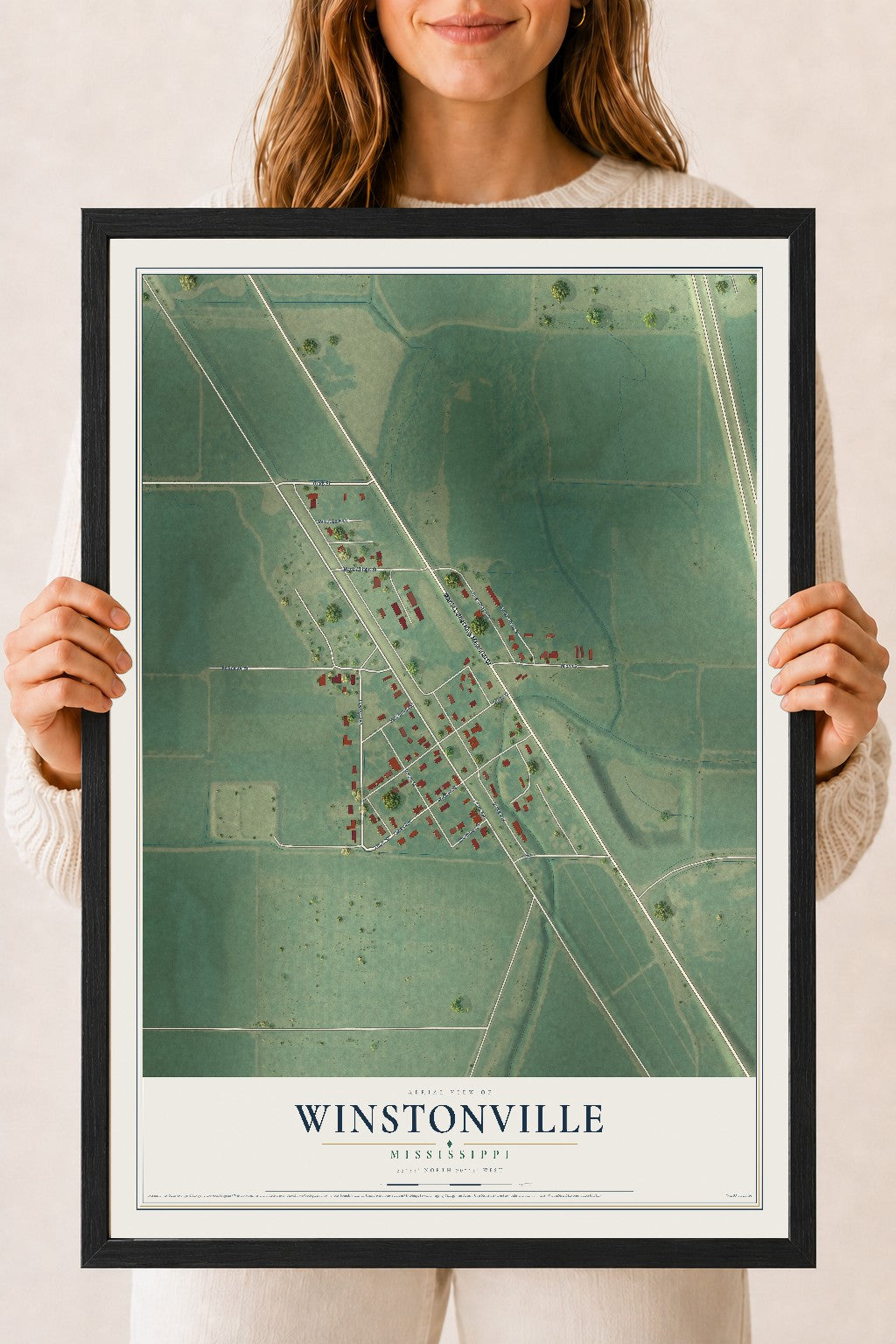 Map of Winstonville, Mississippi, 18 x 24 inch print in a black wood frame