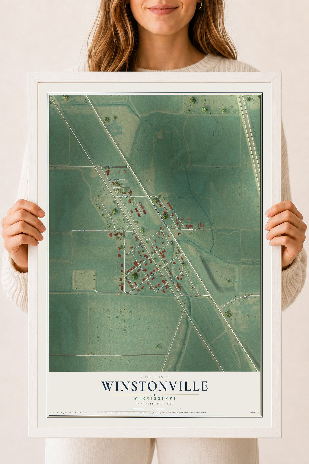 Map of Winstonville, Mississippi, 18 x 24 inch print in a white wood frame