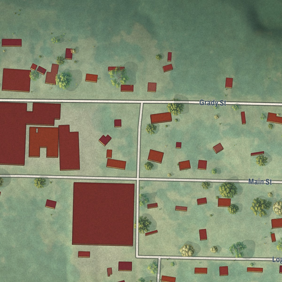 Close-up of the map of Woodland, Mississippi print showing street and building detail