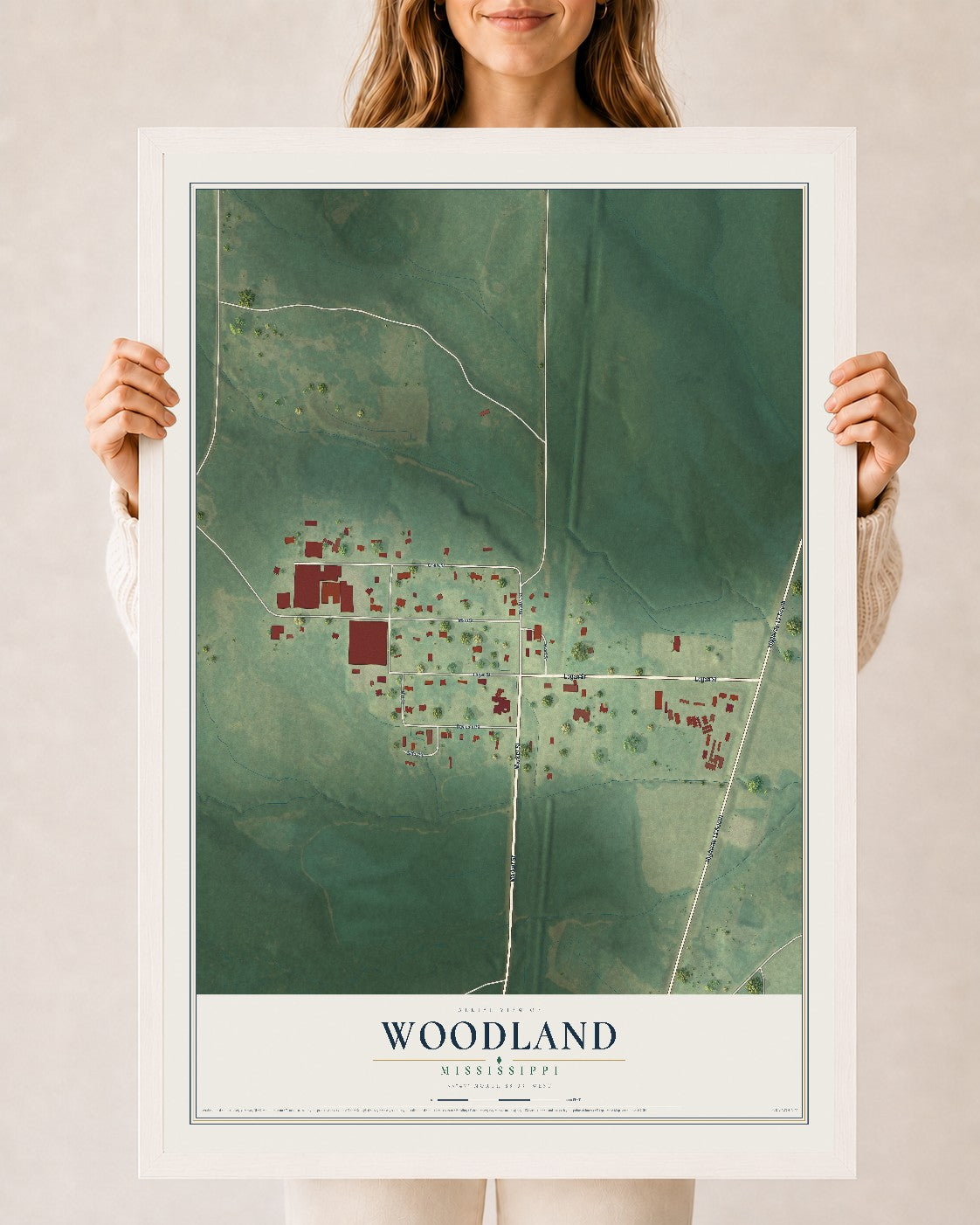 Map of Woodland, Mississippi, 24 x 36 inch print in a white wood frame