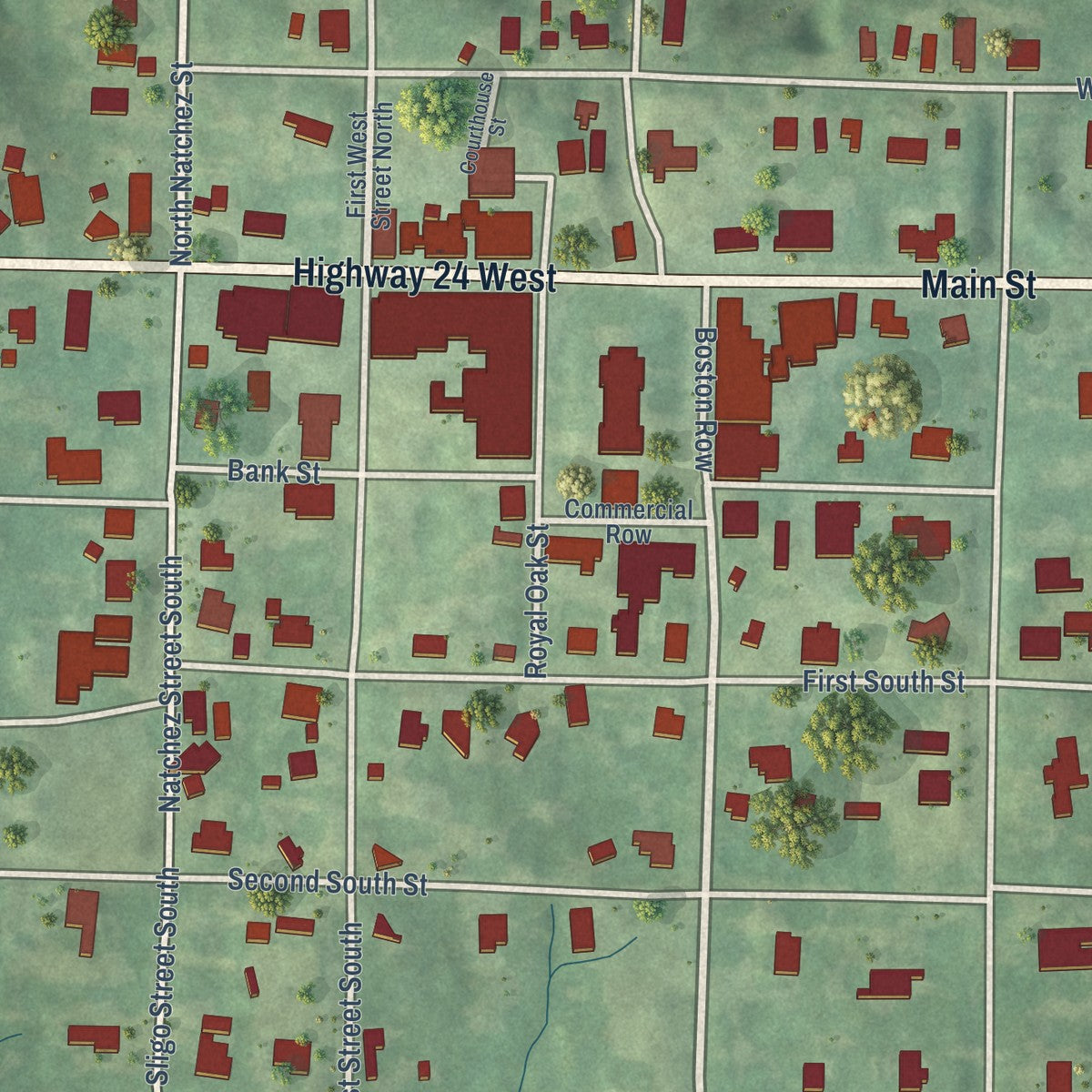 Close-up of the map of Woodville, Mississippi print showing street and building detail