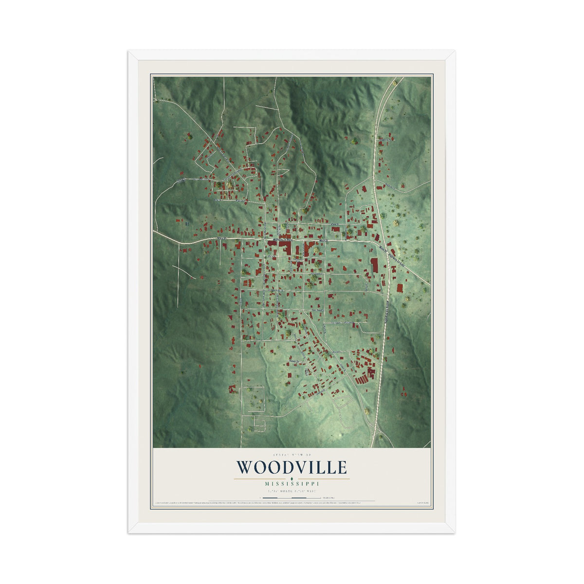 Map of Woodville, Mississippi, 12 x 18 inch print in a white wood frame