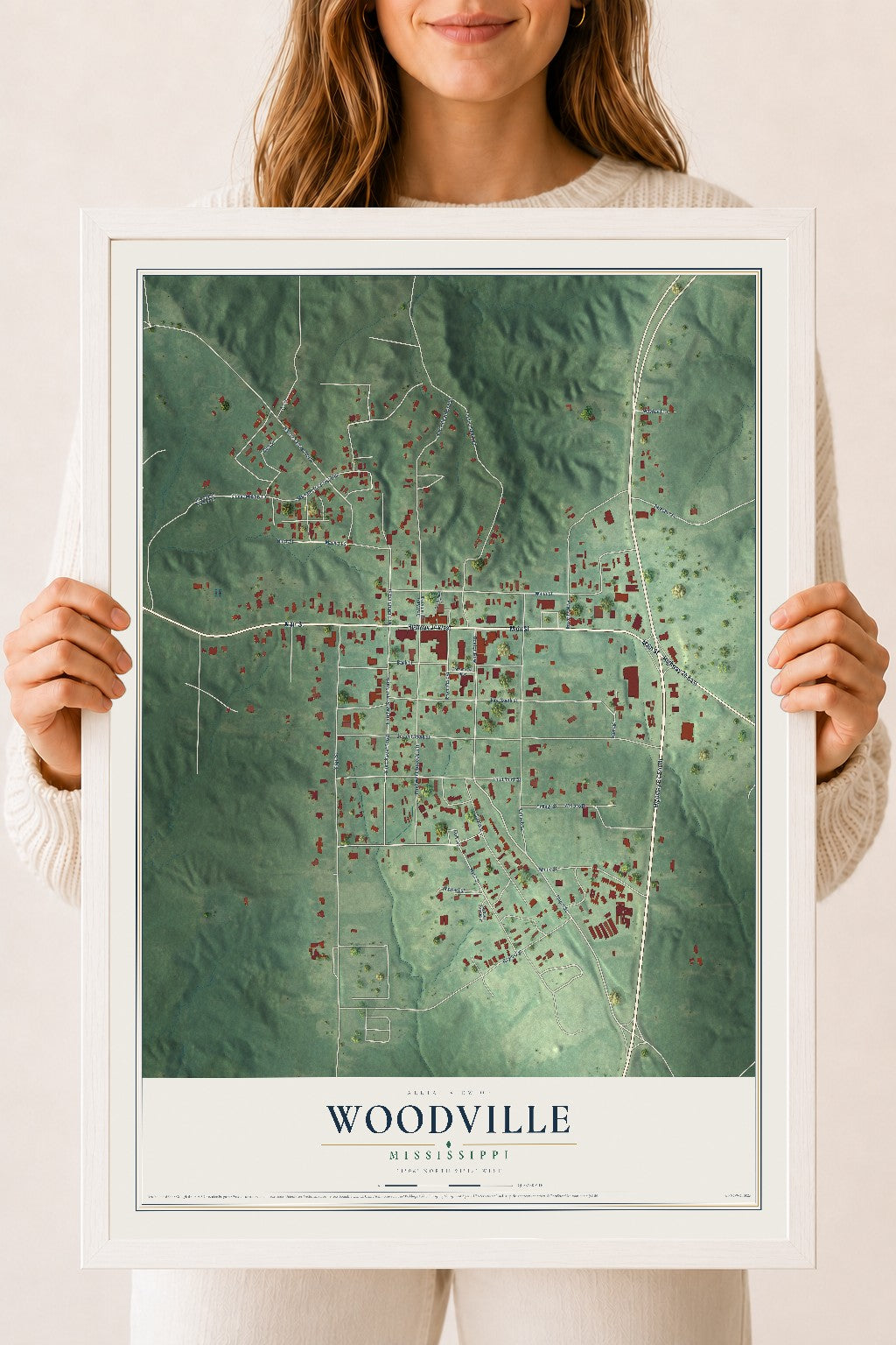 Map of Woodville, Mississippi, 18 x 24 inch print in a white wood frame