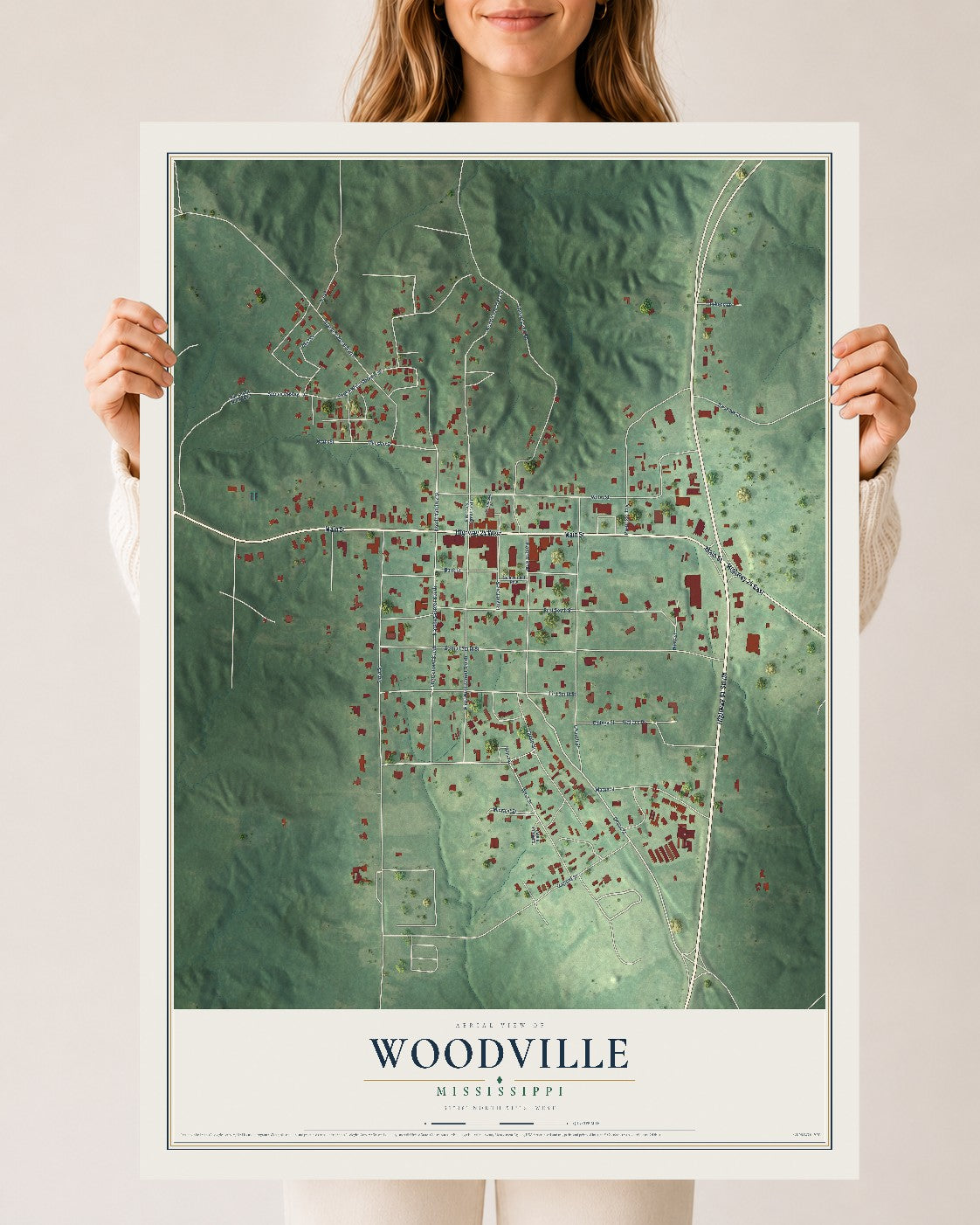 Map of Woodville, Mississippi, 24 x 36 inch unframed archival matte print