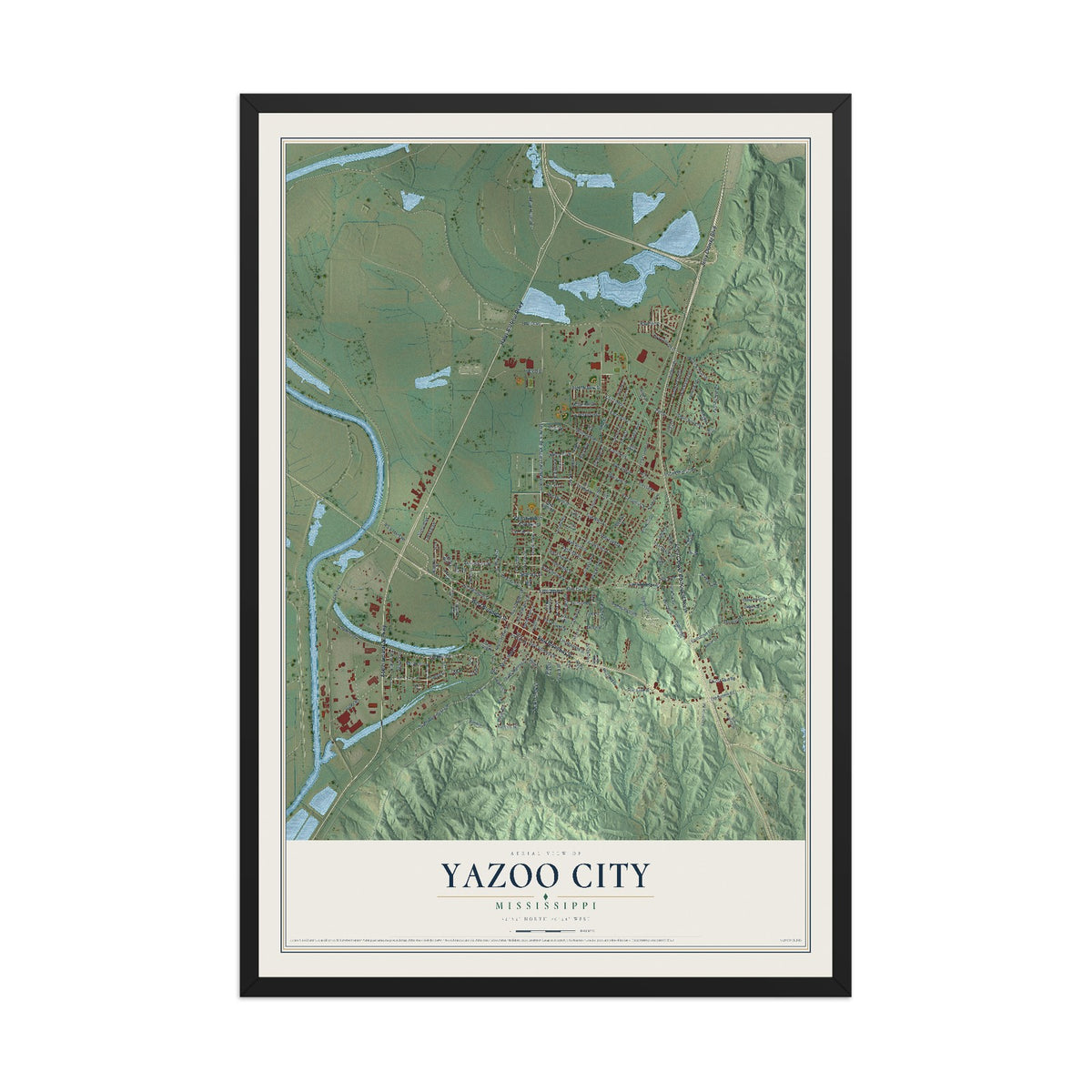 Map of Yazoo City, Mississippi, 12 x 18 inch print in a black wood frame