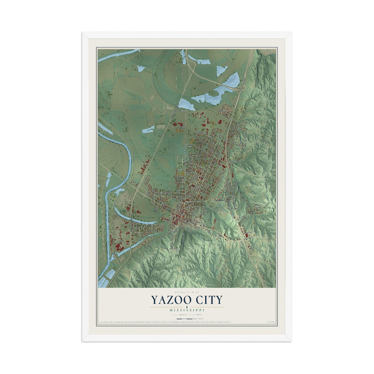 Map of Yazoo City, Mississippi, 12 x 18 inch print in a white wood frame