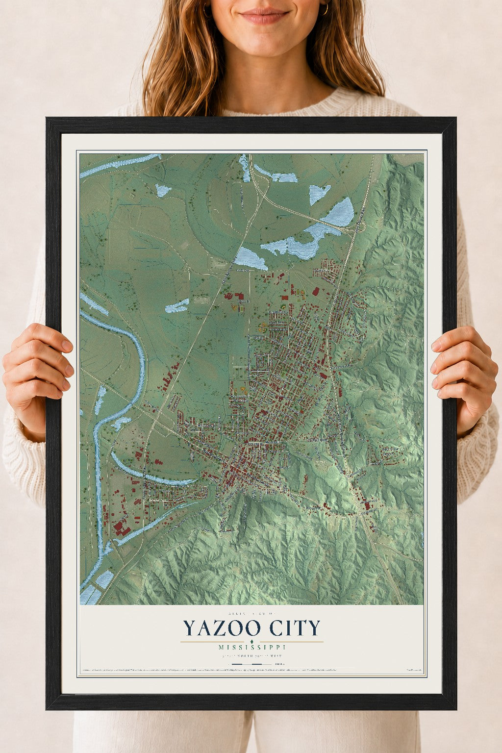 Map of Yazoo City, Mississippi, 18 x 24 inch print in a black wood frame