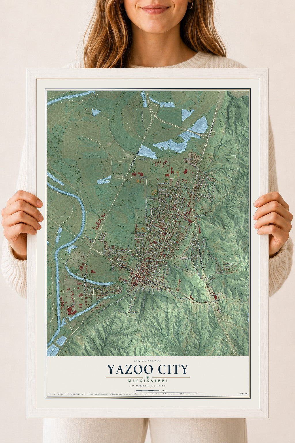 Map of Yazoo City, Mississippi, 18 x 24 inch print in a white wood frame