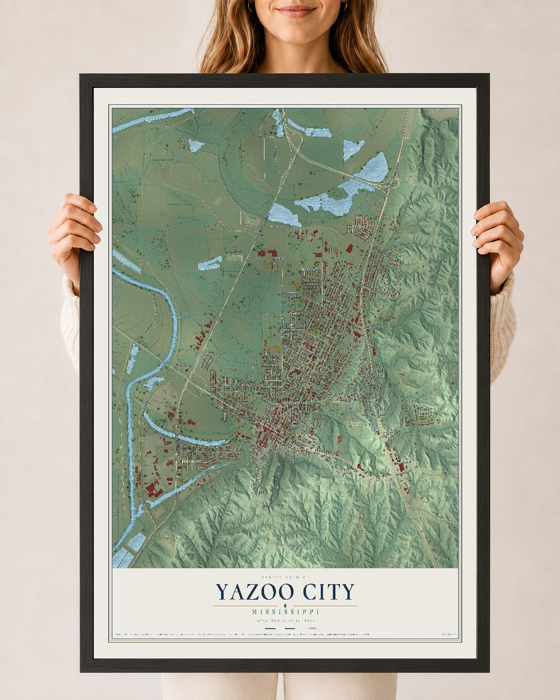 Map of Yazoo City, Mississippi, 24 x 36 inch print in a black wood frame