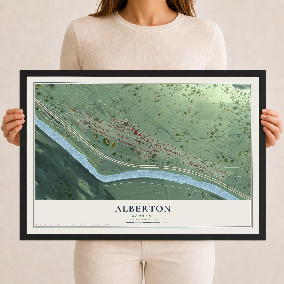Map of Alberton, Montana, 12 x 18 inch print in a black wood frame