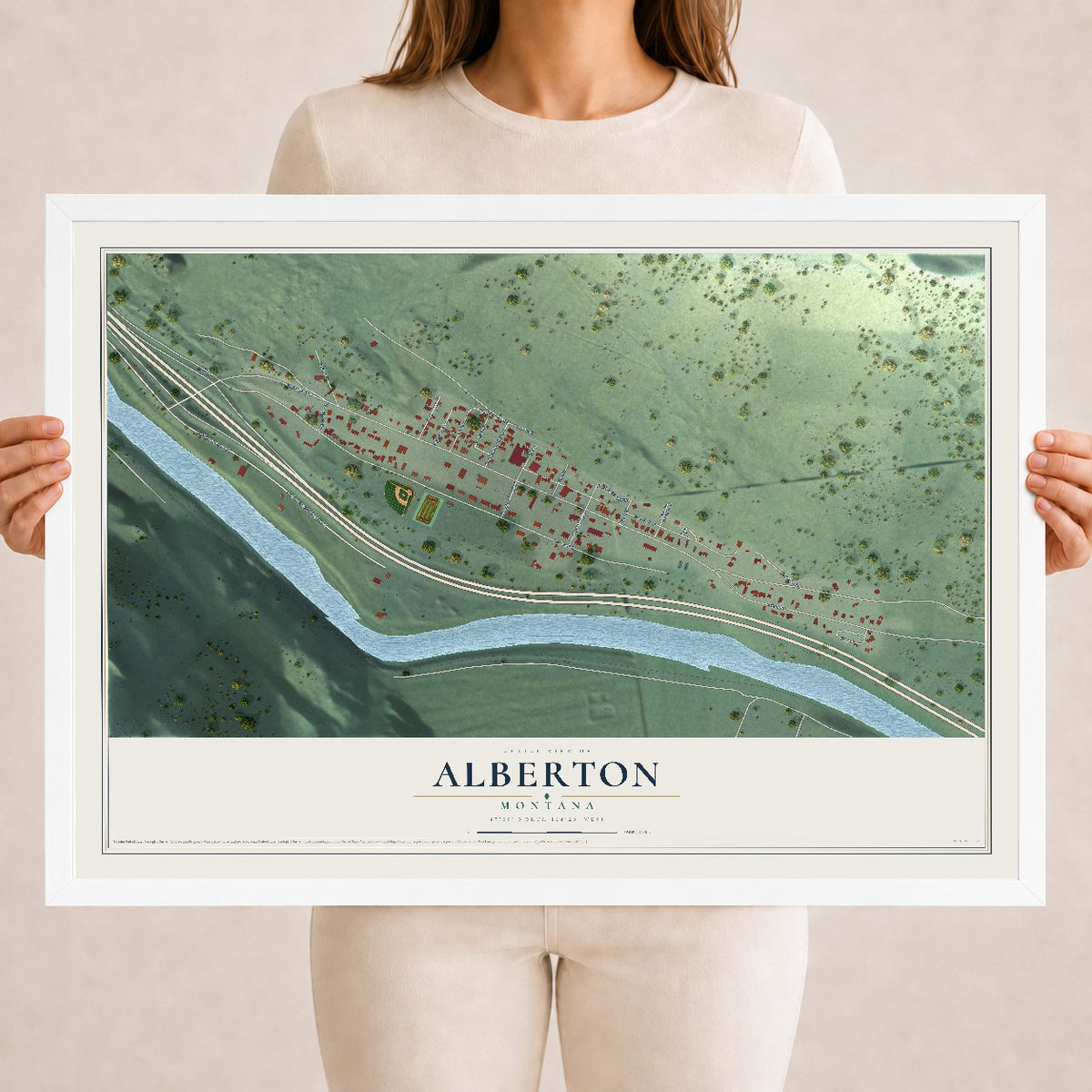 Map of Alberton, Montana, 18 x 24 inch print in a white wood frame