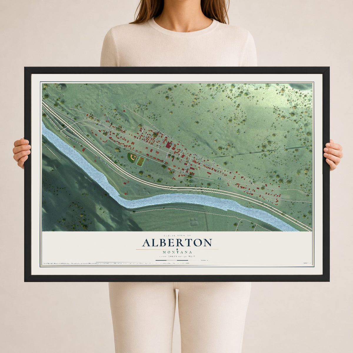 Map of Alberton, Montana, 24 x 36 inch print in a black wood frame