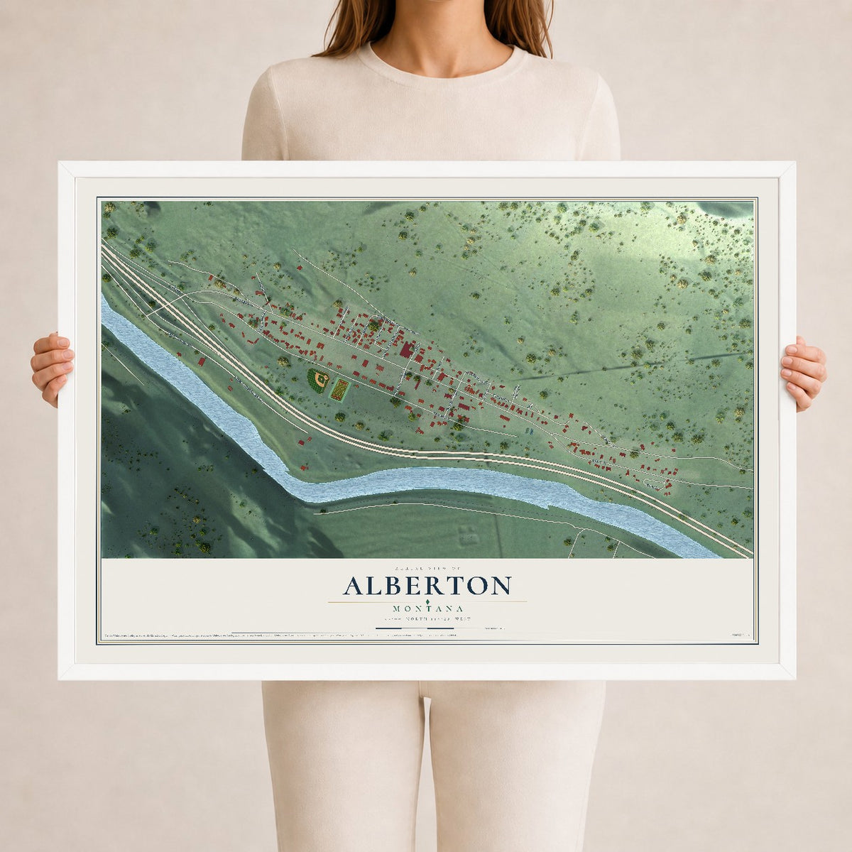 Map of Alberton, Montana, 24 x 36 inch print in a white wood frame