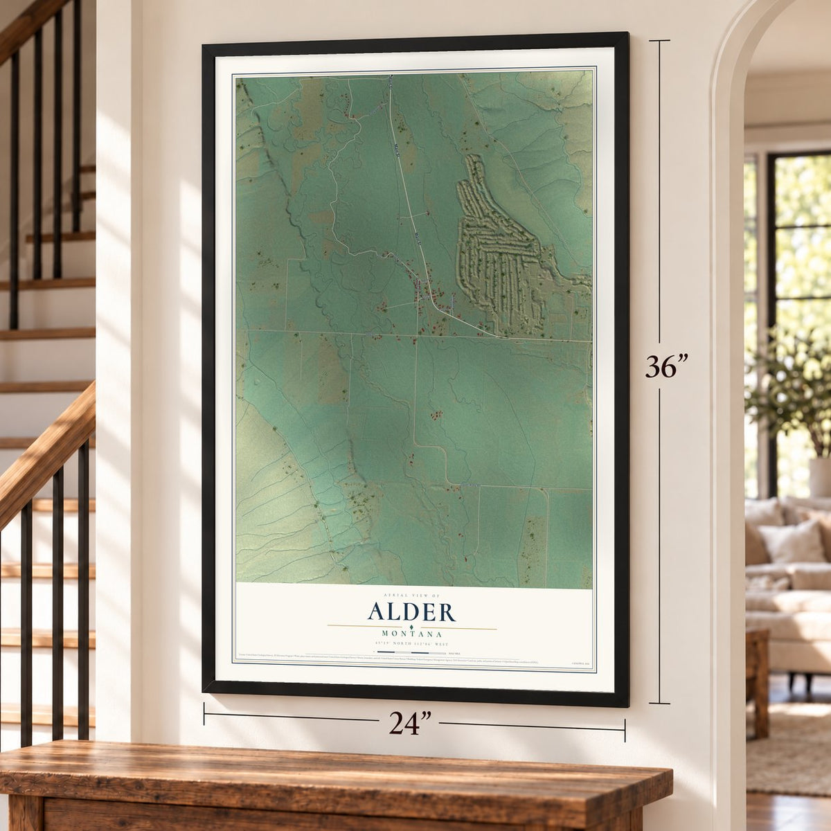 Alder, Montana map, 24 x 36 inch print in a black frame by a staircase