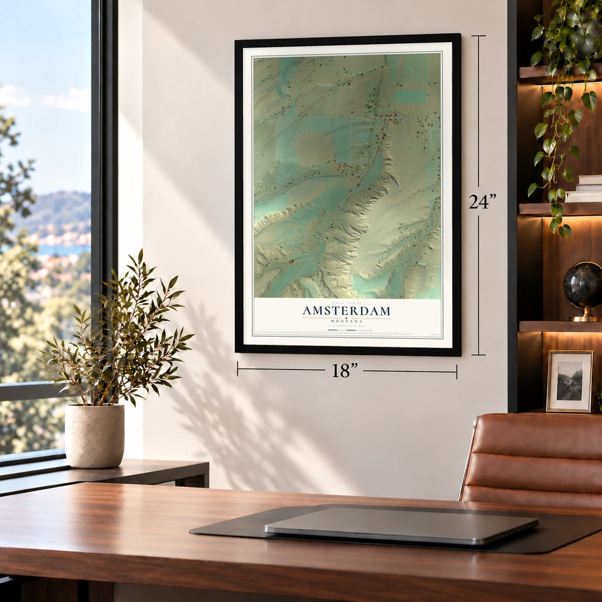 Amsterdam, Montana map, 18 x 24 inch print in a black frame in a home office