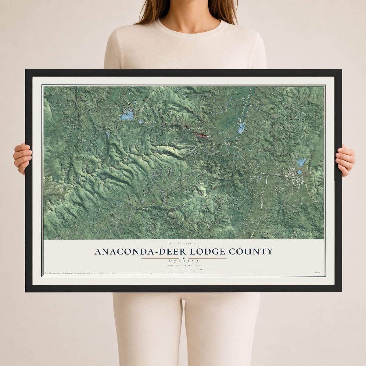 Map of Anaconda-Deer Lodge County, Montana, 24 x 36 inch print in a black wood frame