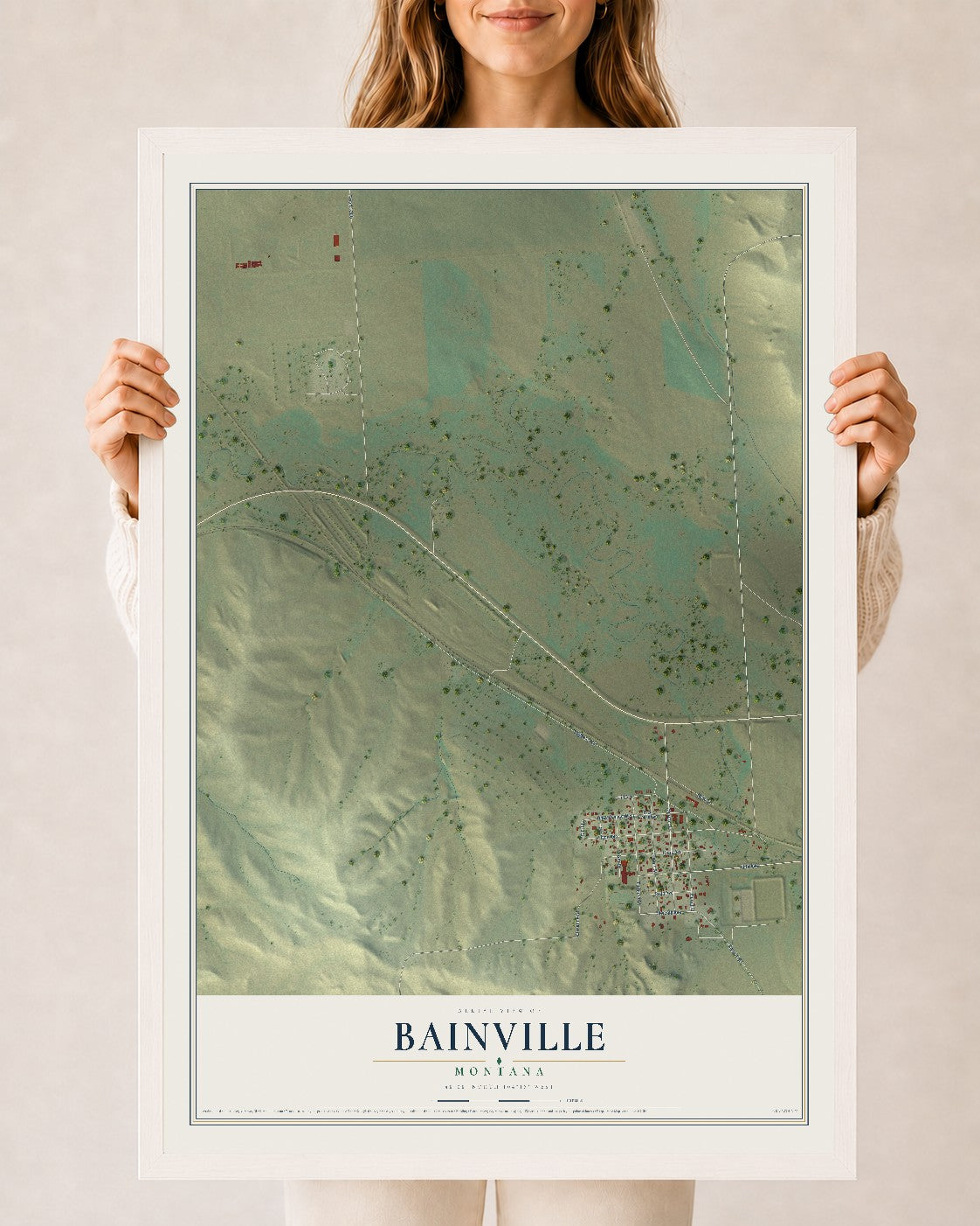Map of Bainville, Montana, 24 x 36 inch print in a white wood frame
