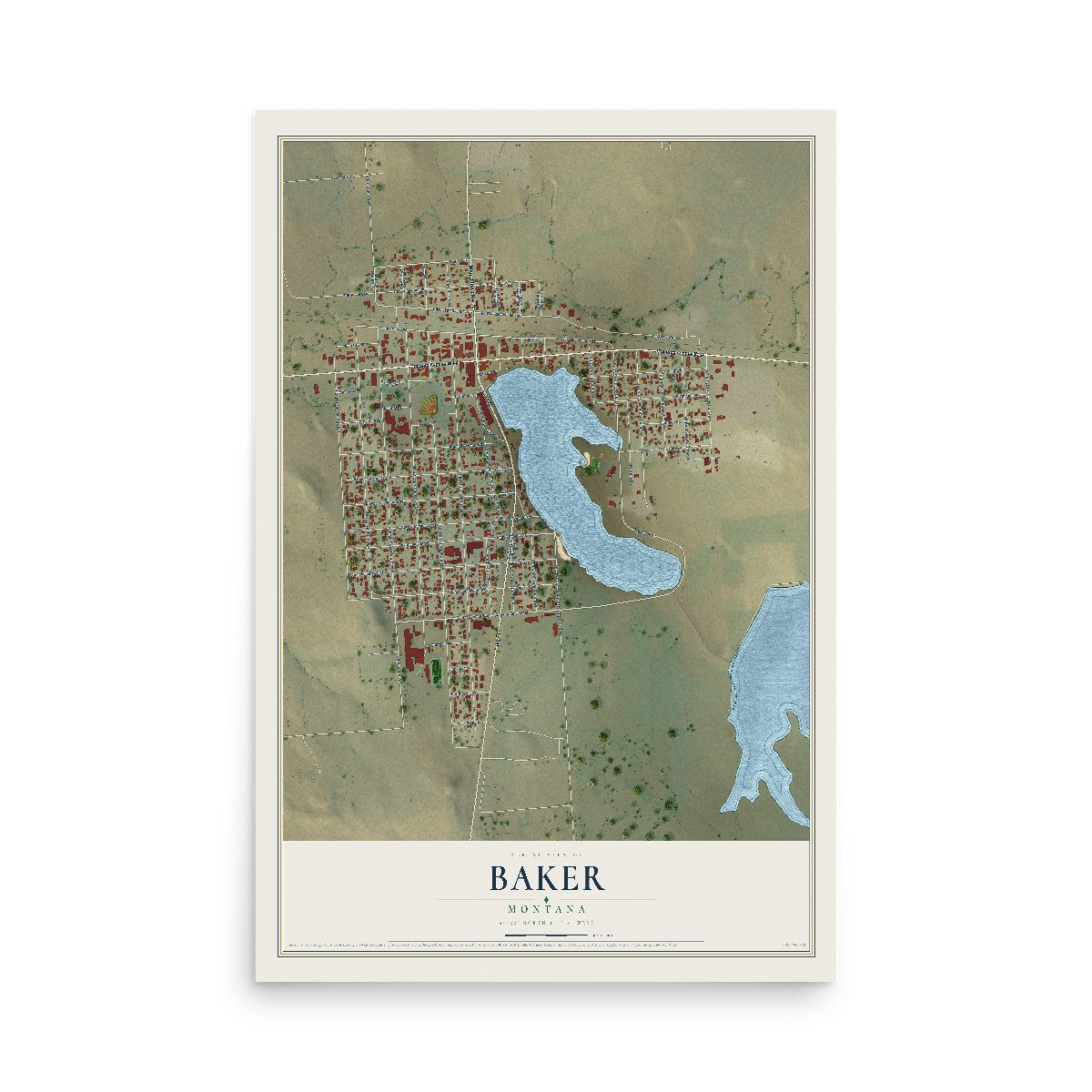 Map of Baker, Montana, 12 x 18 inch unframed archival matte print