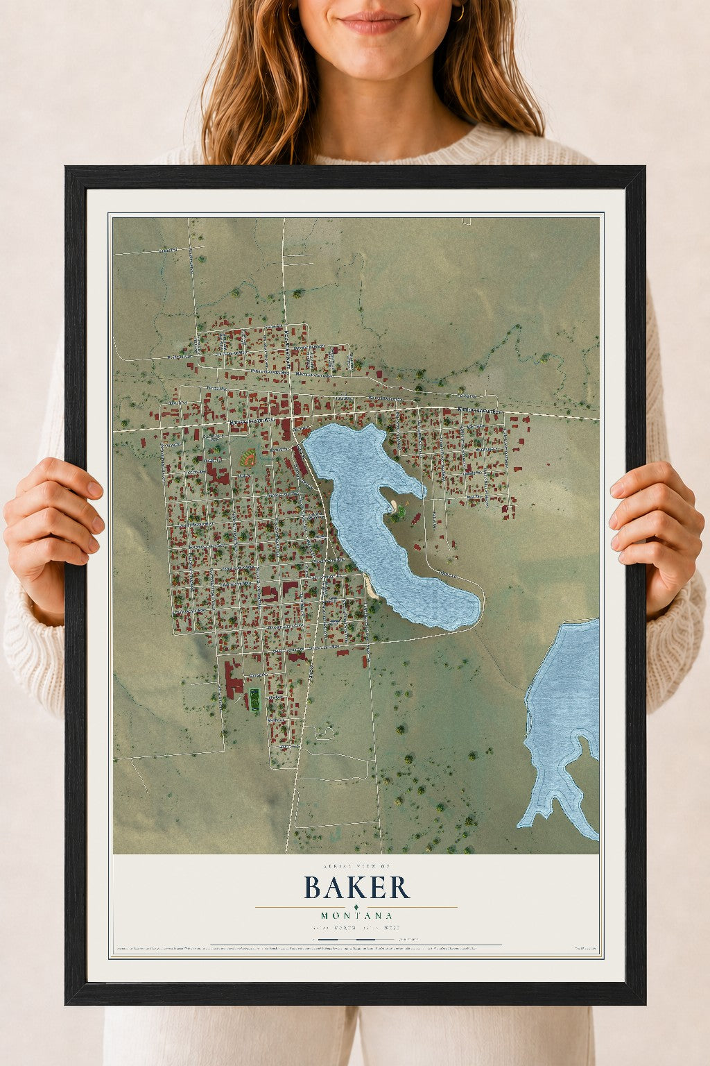 Map of Baker, Montana, 18 x 24 inch print in a black wood frame