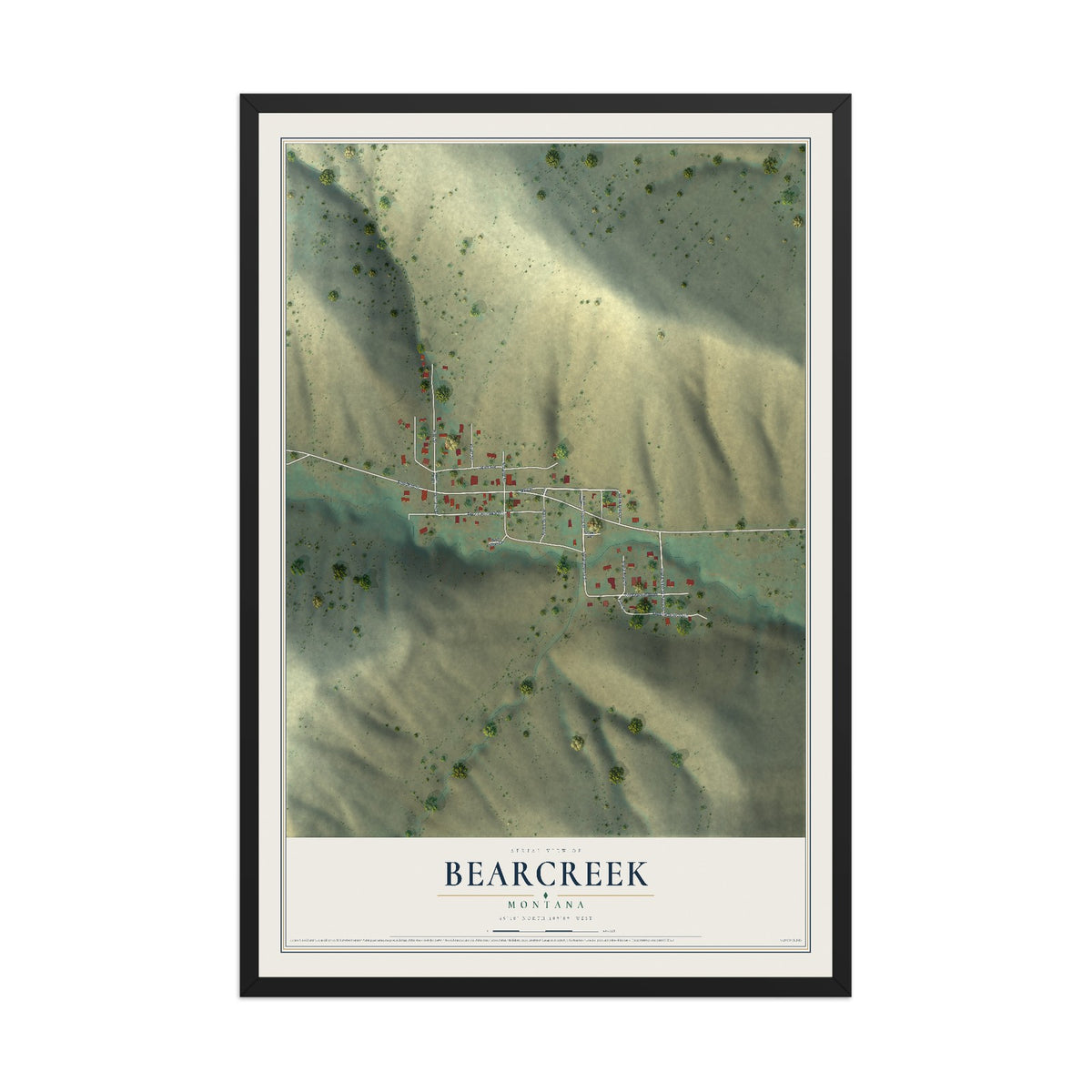 Map of Bearcreek, Montana, 12 x 18 inch print in a black wood frame
