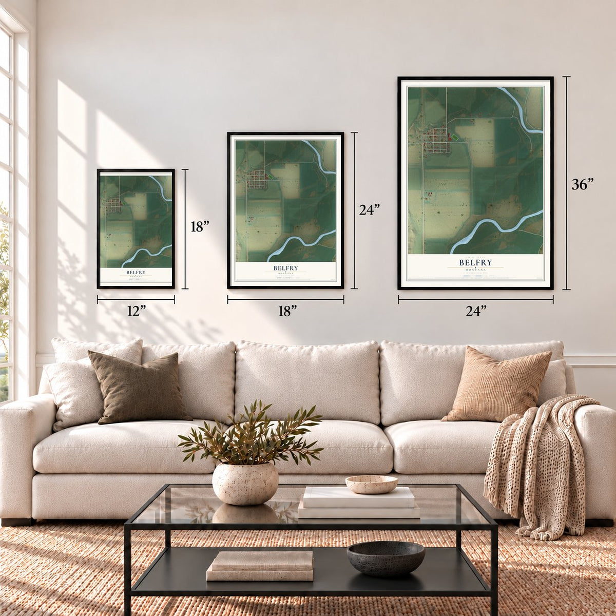 Belfry, Montana map in 12 x 18, 18 x 24 and 24 x 36 inch sizes above a sofa