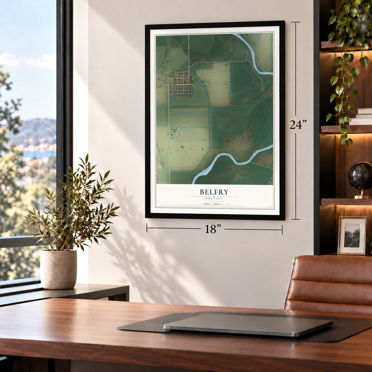 Belfry, Montana map, 18 x 24 inch print in a black frame in a home office