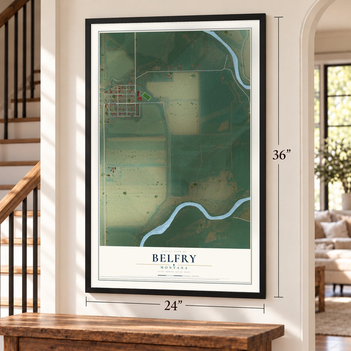 Belfry, Montana map, 24 x 36 inch print in a black frame by a staircase