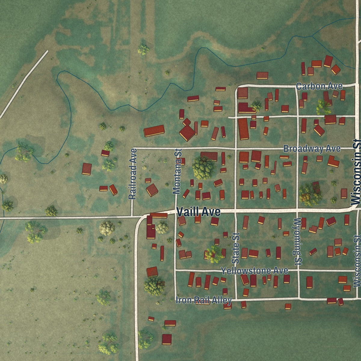 Close-up of the map of Belfry, Montana print showing street and building detail