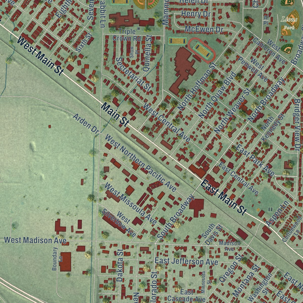 Close-up of the map of Belgrade, Montana print showing street and building detail